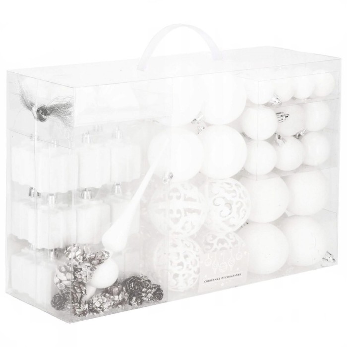 Set globuri si decoratiuni de Craciun, 101 piese, diverse dimensiuni, alb Household NewTrend