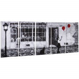 HOMCOM Ansamblu Artistic pe P&acirc;nză, 5 Tablouri Decorative cu Fată și Balon Roșu, Alb-Negru, Design Modern pentru Dormitor și Sufragerie | Aosom Romania