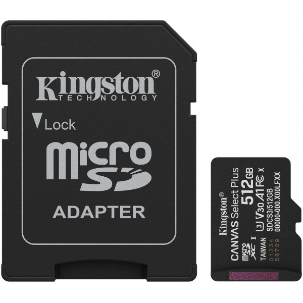 Card Memorie microSDXC Kingston Canvas Select Plus Android A1, 512Gb, Clasa 10 / UHS-1 U3, Cu Adaptor SDCS3/512GB