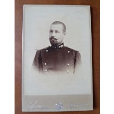 Fotografie tip CDV, militar 1893, fotograf Spirescu, premiat la Expozitia Universala de fotografie de la Geneva