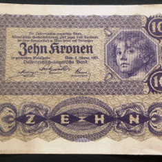 Bancnota istorica 10 COROANE - AUSTRO-UNGARIA (AUSTRIA), anul 1922 * cod 640 C