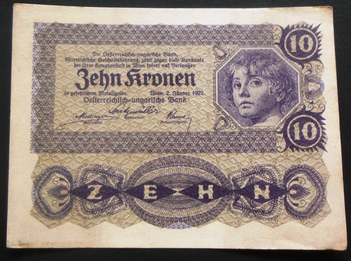 Bancnota istorica 10 COROANE - AUSTRO-UNGARIA (AUSTRIA), anul 1922 * cod 640 C