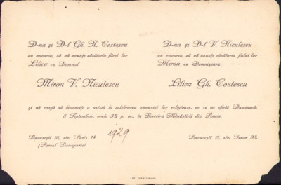 HST A2223 Invitație nuntă Miron Nicolescu 1929 președinte Academia Rom&amp;acirc;nă foto