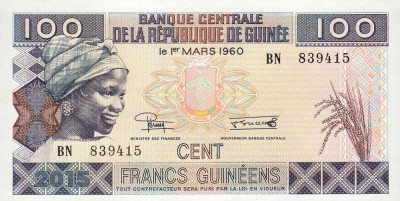 GUINEA █ bancnota █ 100 Francs █ 2015 █ P-A47 █ UNC █ necirculata foto