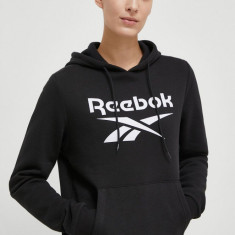 Reebok bluza femei, culoarea negru, cu glugă, cu imprimeu