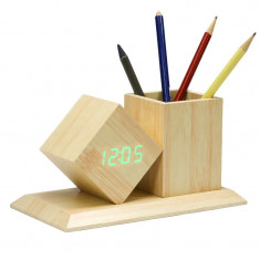 Ceas de birou, afisaj LED verde, senzor sunet, temperatura, suport creioane foto