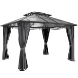 Outsunny Pavilion de grădină ca. 3,6x3m Pavilion din aluminiu cu dublu acoperiș din policarbonat de 6 mm, plasă de ț&acirc;nțari, 4 părți laterale, gri &icirc;nch