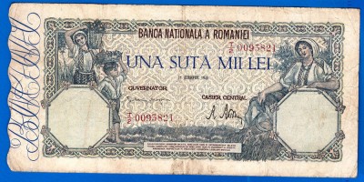 (25) BANCNOTA ROMANIA - 100.000 LEI 1946 (21 OCTOMBRIE 1946), FILIGRAN ORIZONTAL foto