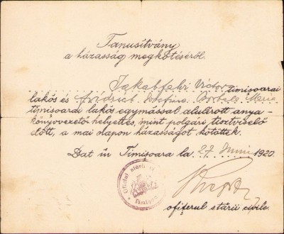 A1466 Certificat de căsătorie, 1920, Timișoara foto