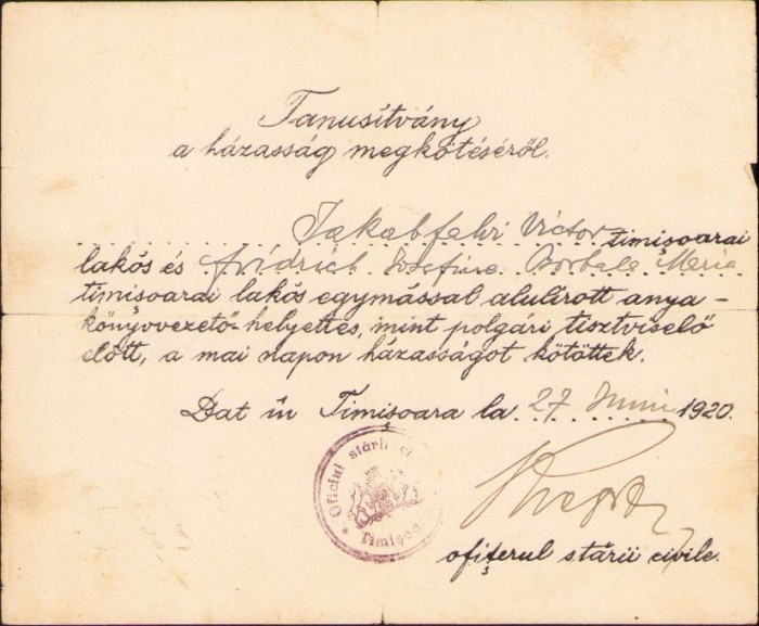 A1466 Certificat de căsătorie, 1920, Timișoara