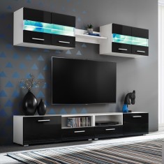 vidaXL Mobilier sufragerie, spațiu TV 5 piese, lumini LED Negru lucios 246028