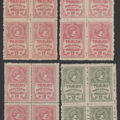 1915 Romania - Timbru ajutor Pentru Ardeleni bloc de 4, varietati tipar, culoare