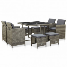 Set mobilier de exterior cu perne, 9 piese, gri, poliratan