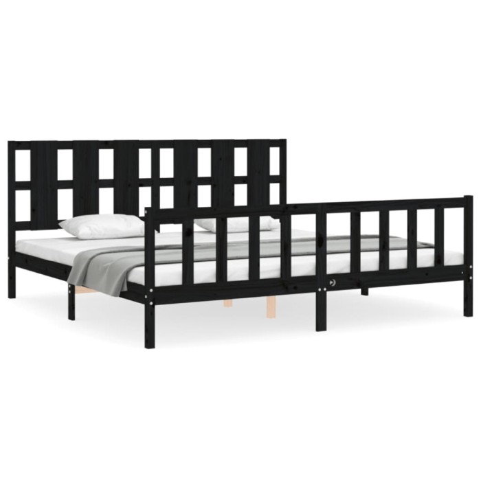 Cadru pat cu tablie 200x200 cm, negru, lemn masiv
