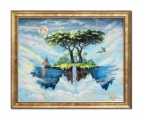 Tablou suprarealist pictat manual inramat, Paradis, 55x45cm ulei pe panza, rama din lemn, Stefan Bilibou