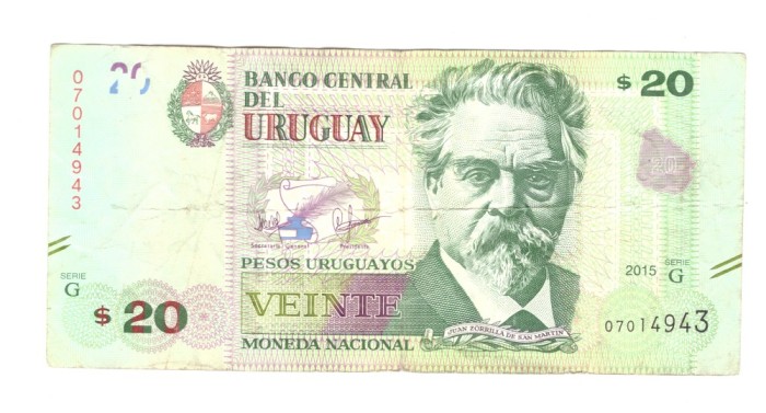 Bancnota Uruguay 20 pesos 2015, circulata, uzata