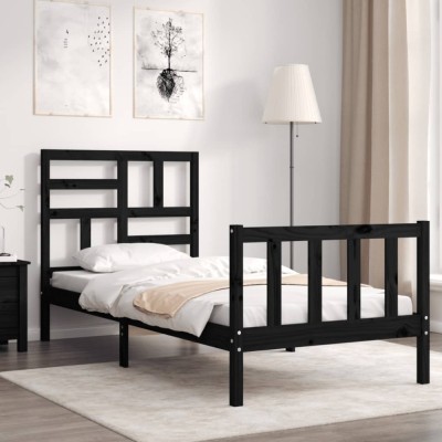 vidaXL Cadru de pat cu tăblie Small Single, negru, lemn masiv foto