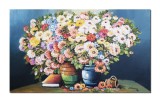 Tablou clasic cu flori pictat manual, Vaze cu flori multicolore si carte, 100x60cm ulei pe panza, Constantin Feraru