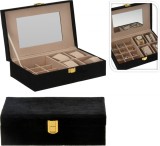 Caseta Bijuterii Ceasuri cu Oglinda, Catifea Neagra, Compartimente Inele, Bratari, Cercei - Organizator Elegant, Cutie Depozitare Portabila