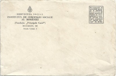 A3328N Plic cu antet Institutul de Cercetări Sociale, Fundația Principele Carol, Serviciul Social, perioada interbelică foto