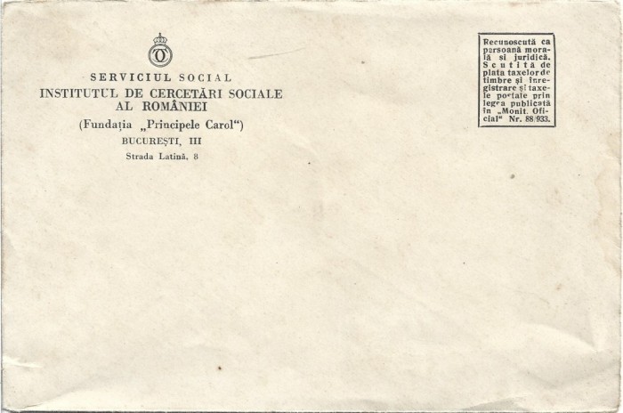 A3328N Plic cu antet Institutul de Cercetări Sociale, Fundația Principele Carol, Serviciul Social, perioada interbelică