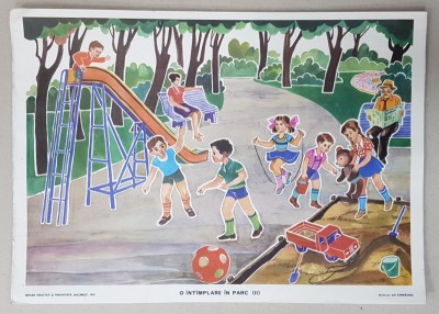 O INTAMPLARE IN PARC II , PLANSA DIDACTICA , grafica de GH. CERNAIANU , 1981 foto