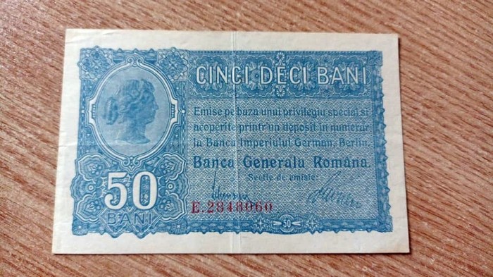 ROMANIA 50 Bani 1917 BGR , XF , seria cu 7 cifre , VF+ . Piesa rara