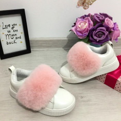 Adidasi albi cu puf roz pantofi sport fete cu scai piele eco 27 28 cod 0312