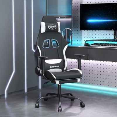 vidaXL Scaun de gaming cu suport picioare, negru și alb, textil foto