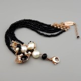 Cumpara ieftin Bratara Agat Negru &amp; Perle Argint Placat Aur Roz Paradise - Bratara dama multifilară, reglabilă 19-24cm, Bijuterie handmade Italia
