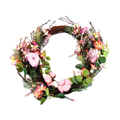 Decoratiune Craciun, coroana cu flori roz, 55 cm foto