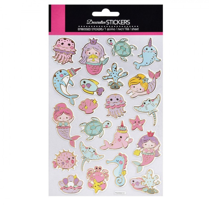 Set Autocolante, 22 Bucăți, Sirene și Animale Marine, Multicolor, Detalii Aurii