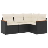 Set mobilier de gradina cu perne, 4 piese, negru, poliratan