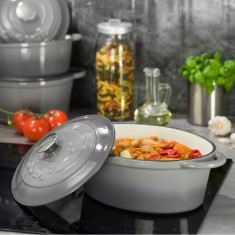 Oala din fonta emailata 6.2 litri, 33cm cratita cu capac, ovala, gri, KingHoff