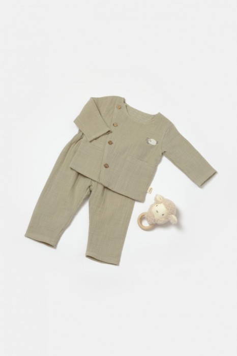 Set bluza cu nasturi si pantaloni , Winter muselin, 100% bumbac - Verde, BabyCosy (Marime: 3-6 Luni)