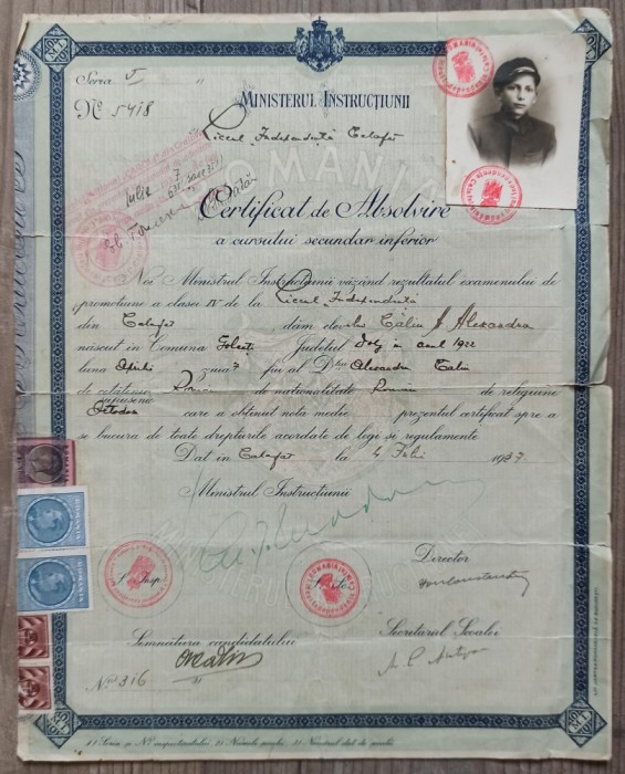Certificat de absolvire a cursului secundar inferior Calafat 1927