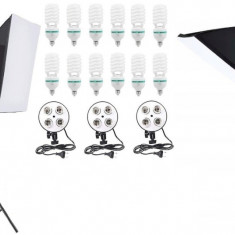 Kit de 3 softboxuri cu macara, soclu de 4 becuri, 3 trepiezi reglabili 200 cm, 12 becuri de 150W