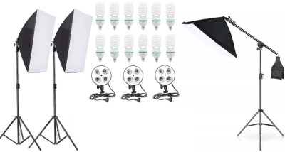 Kit de 3 softboxuri cu macara, soclu de 4 becuri, 3 trepiezi reglabili 200 cm, 12 becuri de 150W foto