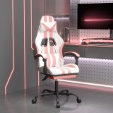 Cumpara ieftin Scaun de gaming pivotant cu suport picioare alb&amp;roz piele eco