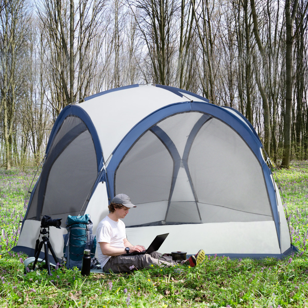 Cort de Camping Outsunny pentru 6-8 persoane cu 4 Usi cu fermoar,  350x350x230cm, Alb si Albastru | Okazii.ro