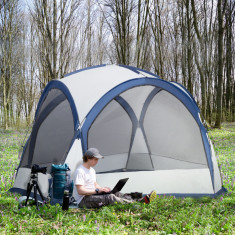 Cort de Camping Outsunny pentru 6-8 persoane cu 4 Usi cu fermoar, 350x350x230cm, Alb si Albastru