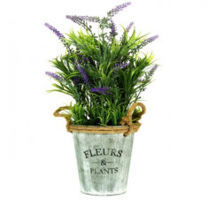 Flori de lavanda artificiale decorative in ghiveci metalic tip galetusa cu manere