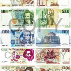REPRODUCERE lot bancnote Italia seria 1984 , Dimensiune reala 1:1