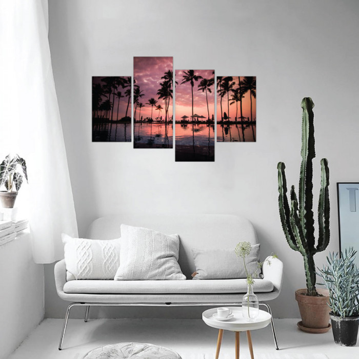 Tablou canvas 4 piese - Palmtrees on sunset