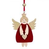 Ornament Crăciun Inger, Lemn, Roșu Catifelat, Glitter Bej, 11 cm, Oem