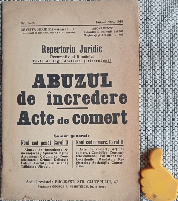 brosura Abuzul de incredere in acte de comert 1939 - revista Juridica nr 1-2 Noul Cod Penal Carol II Noul Cod Comercial