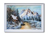 Cumpara ieftin Tablou peisaj iarna de la munte pictat manual inramat, 80x60cm ulei pe panza, Stefan Bilibou