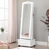 SONGMICS Oglinda de podea cu dulap depozitare bijuterii, iluminare LED si roti, cu cheie, 35x45x156 cm, alb Household NewTrend