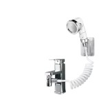 Set de dus cu para, furtun flexibil si suport de perete, pentru robinet de chiuveta, cada sau bideu, din metal si plastic, argintiu