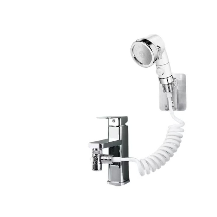 Set de dus cu para, furtun flexibil si suport de perete, pentru robinet de chiuveta, cada sau bideu, din metal si plastic, argintiu